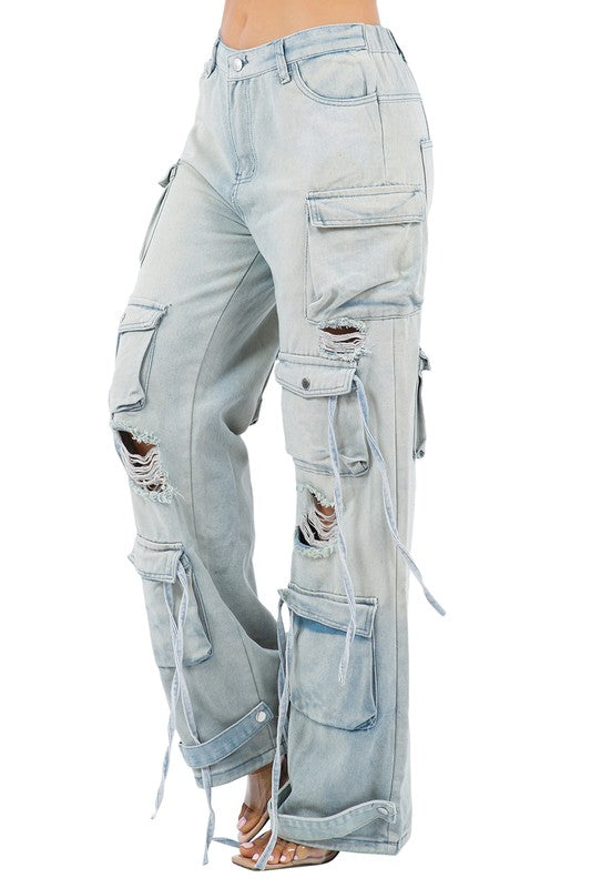 SEXY CARGO STYLE DENIM PANTS LIGHT BLUE by By Claude | Fleurcouture