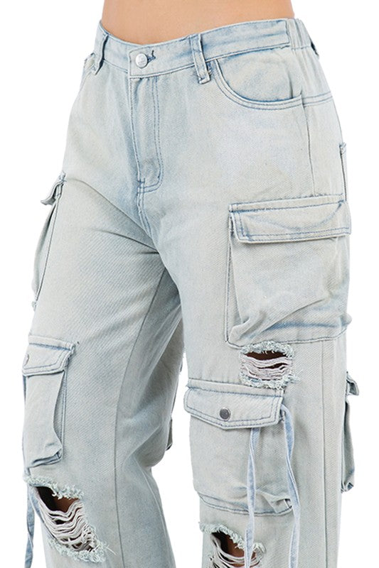 SEXY CARGO STYLE DENIM PANTS LIGHT BLUE by By Claude | Fleurcouture