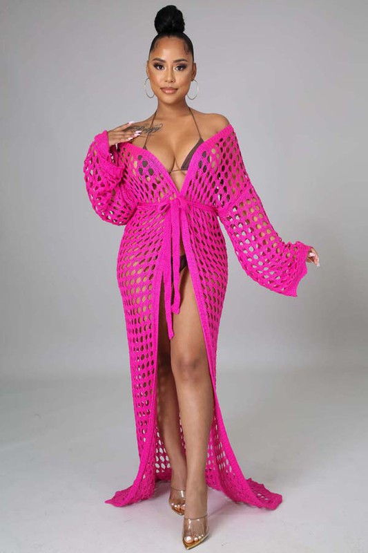 SEXY CROCHET COVER-UP KIMONO FUCHSIA S by By Claude | Fleurcouture