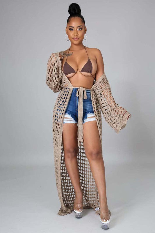 SEXY CROCHET COVER-UP KIMONO KHAKI S by By Claude | Fleurcouture