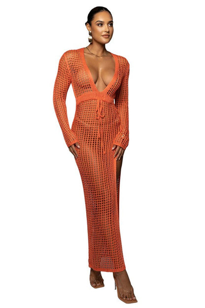 SEXY CROCHET HOLLOW CARVED MAXI DRESS ORANGE S by By Claude | Fleurcouture