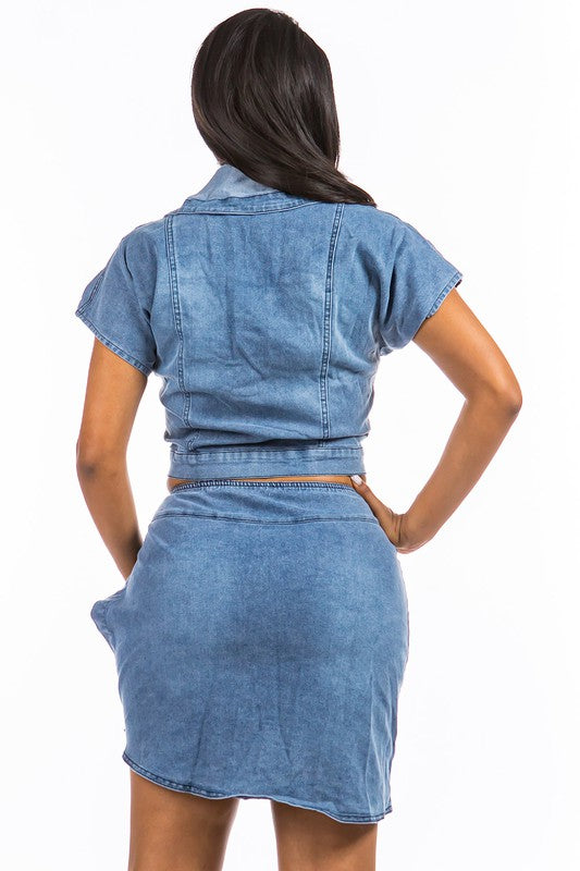 SEXY DENIM TWO PIECE SET BLUE by By Claude | Fleurcouture