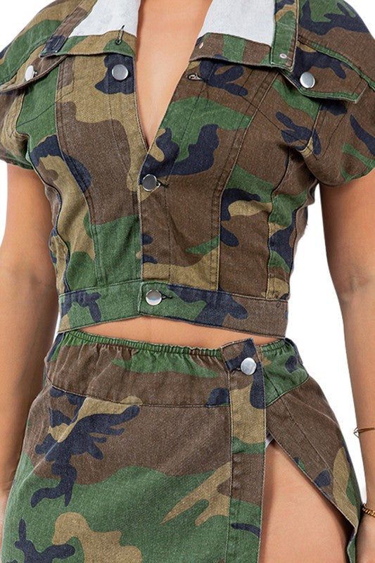 SEXY DENIM TWO PIECE SET CAMOFLAGE by By Claude | Fleurcouture