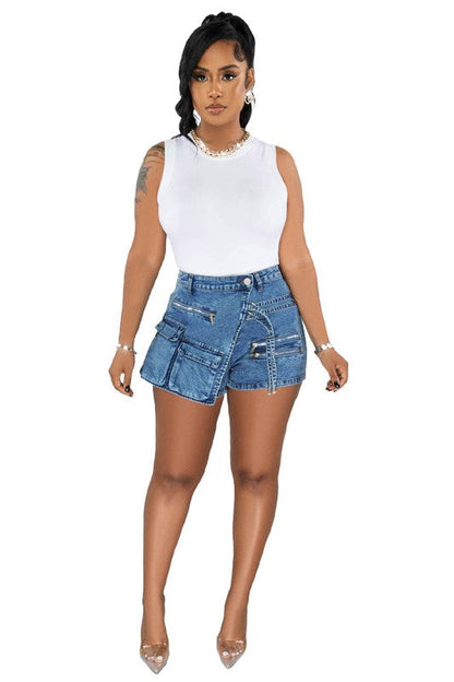 SEXY FASHION CARGO STYLE DENIM SHORT BLUE by By Claude | Fleurcouture