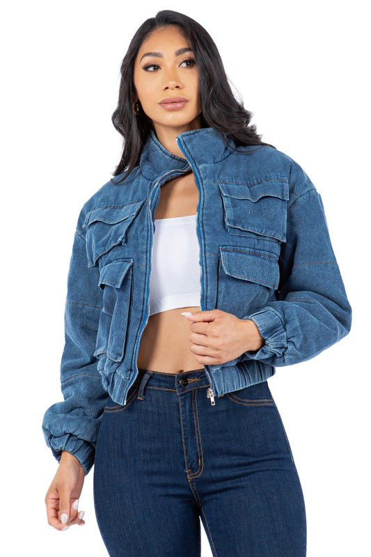 SEXY FASHION DENIM PUFFER JACKET BLUE by By Claude | Fleurcouture