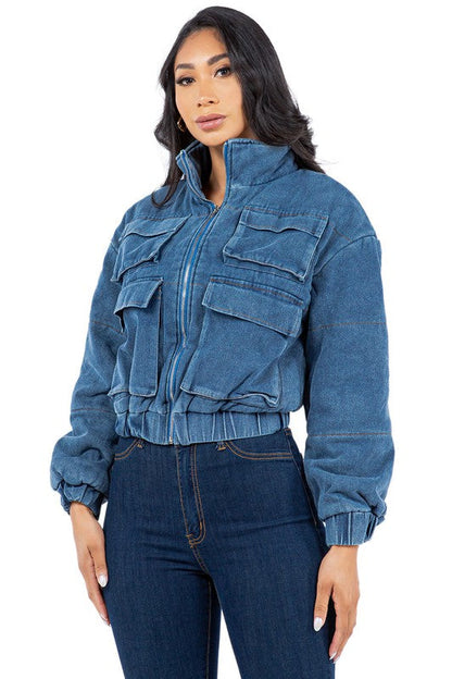 SEXY FASHION DENIM PUFFER JACKET BLUE by By Claude | Fleurcouture