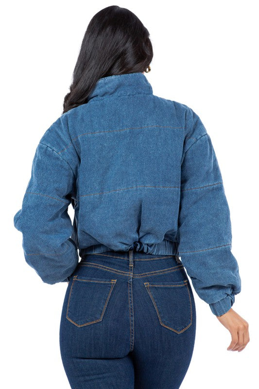 SEXY FASHION DENIM PUFFER JACKET BLUE by By Claude | Fleurcouture