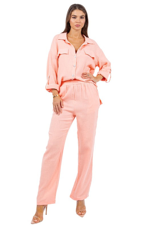 SEXY FASHION TWO PIECE PANTS SET PEACH by By Claude | Fleurcouture