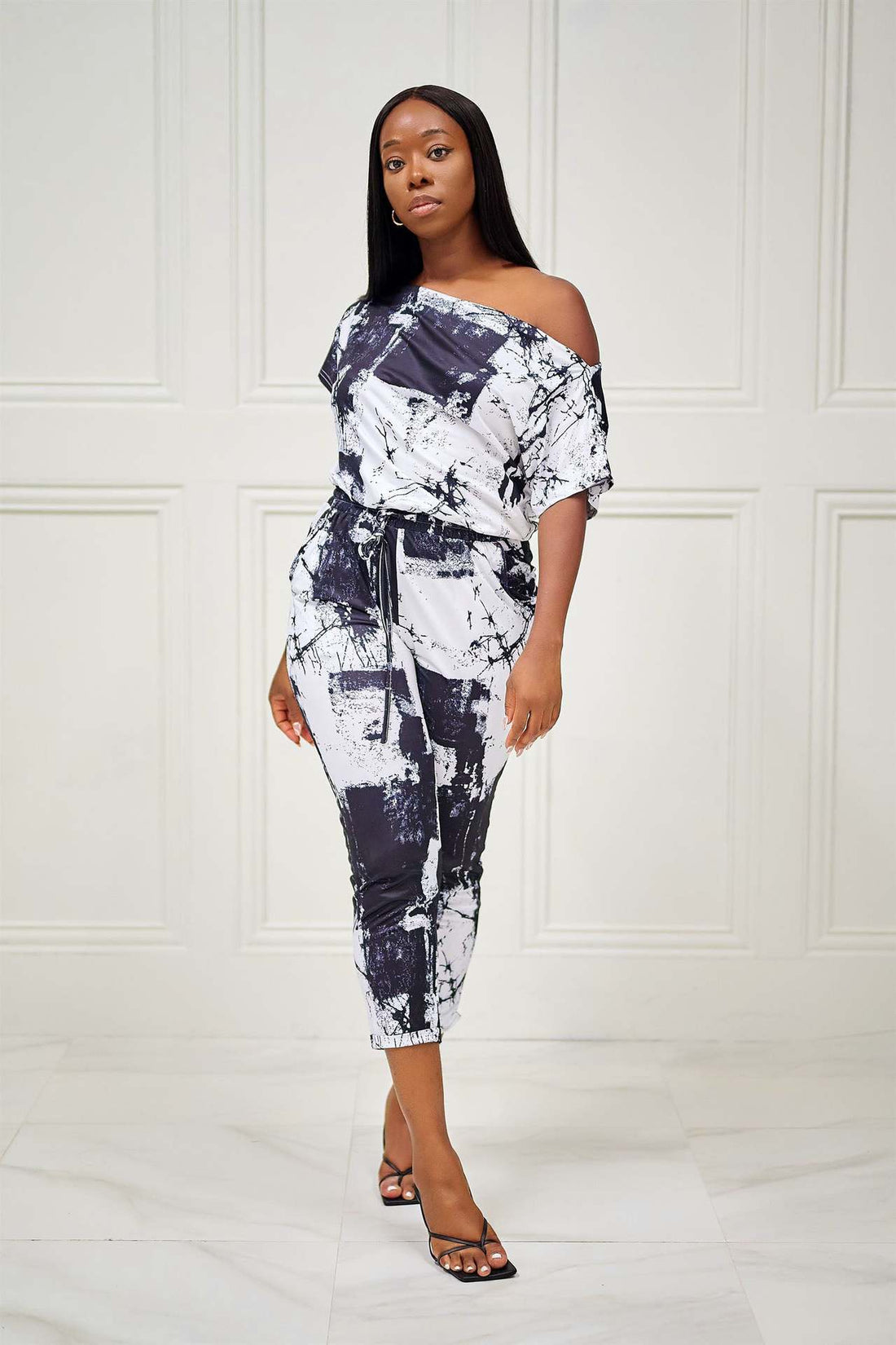 Sexy Printed Short Sleeve off Shoulder Elastic Slim Fit Bodysuit Black by WINNIEYA | Fleurcouture