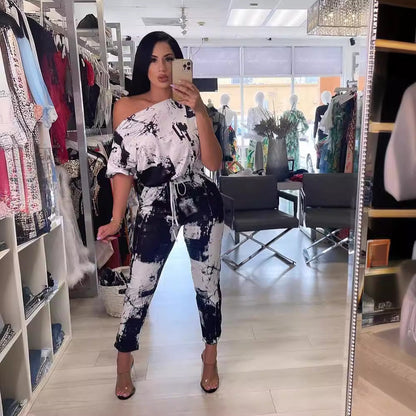 Sexy Printed Short Sleeve off Shoulder Elastic Slim Fit Bodysuit Black by WINNIEYA | Fleurcouture