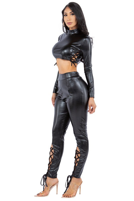 SEXY PU LEATHER 2PC PANTS SET BLACK by By Claude | Fleurcouture