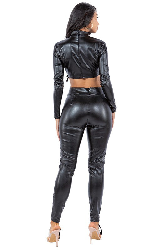 SEXY PU LEATHER 2PC PANTS SET BLACK by By Claude | Fleurcouture