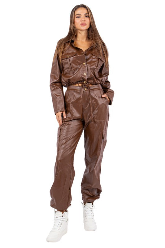 SEXY PU LEATHER 2PC PANTS SET BROWN by By Claude | Fleurcouture