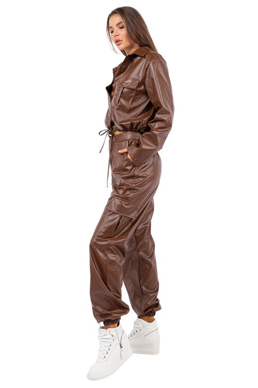 SEXY PU LEATHER 2PC PANTS SET BROWN by By Claude | Fleurcouture