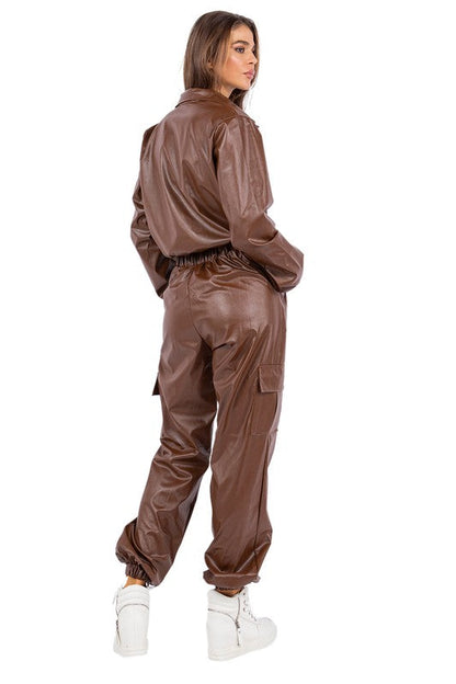 SEXY PU LEATHER 2PC PANTS SET BROWN by By Claude | Fleurcouture