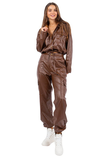 SEXY PU LEATHER 2PC PANTS SET BROWN L by By Claude | Fleurcouture