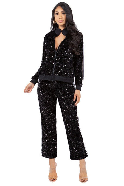 SEXY SEQUIN TWO PIECE PANT SET BLACK S by By Claude | Fleurcouture