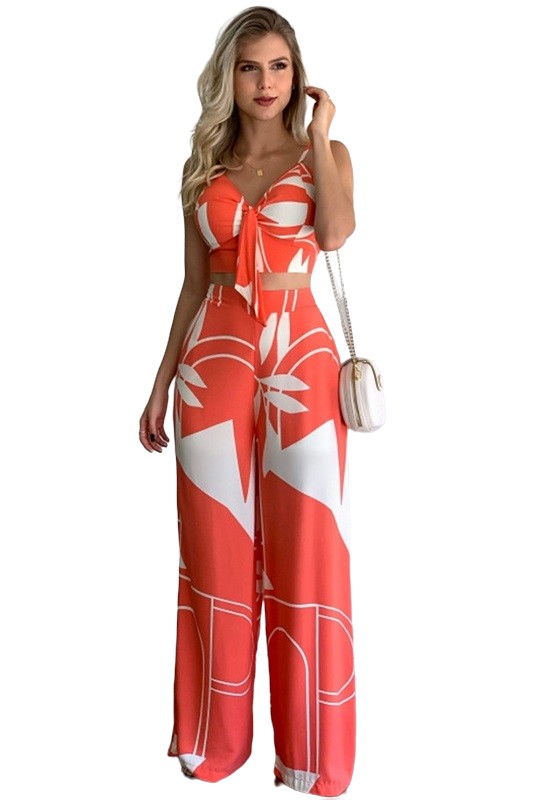 SEXY SUMMER TWO PIECE PANT SET ORANGE MULTI S by By Claude | Fleurcouture