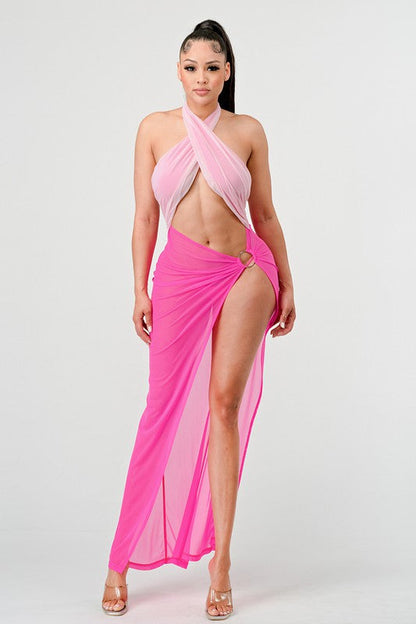 SEXY TIE AROUND HIGH SLIT DRESS PINK by Athina | Fleurcouture