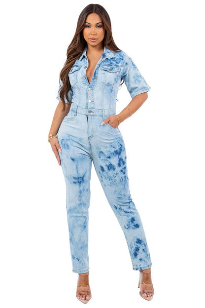 SEXY TIE DRY DENIM JUMPSUIT LIGHT BLUE by By Claude | Fleurcouture