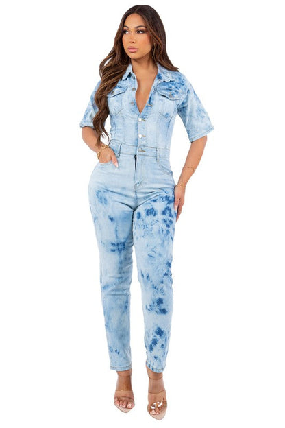 SEXY TIE DRY DENIM JUMPSUIT LIGHT BLUE by By Claude | Fleurcouture