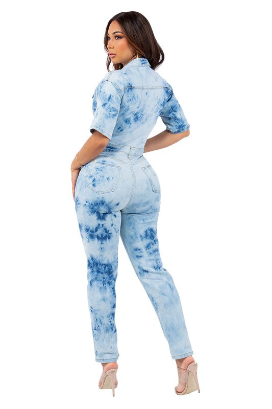 SEXY TIE DRY DENIM JUMPSUIT LIGHT BLUE by By Claude | Fleurcouture