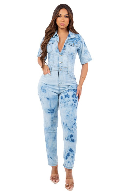 SEXY TIE DRY DENIM JUMPSUIT LIGHT BLUE S by By Claude | Fleurcouture