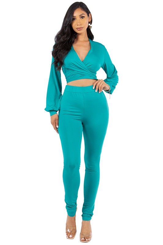 SEXY TWO PIECE PANT SET TEAL L by By Claude | Fleurcouture