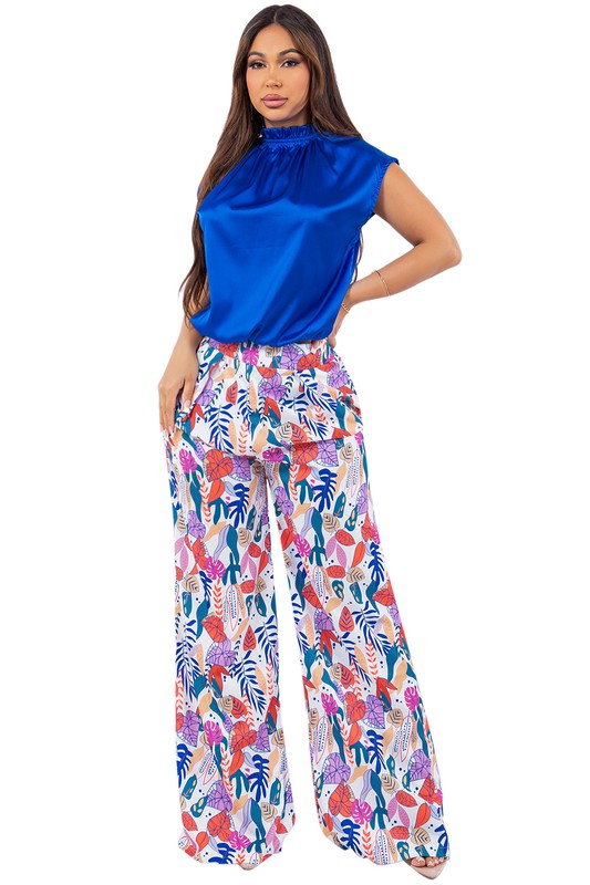 SEXY TWO PIECE PANTS SET BLUE FLORAL S by By Claude | Fleurcouture