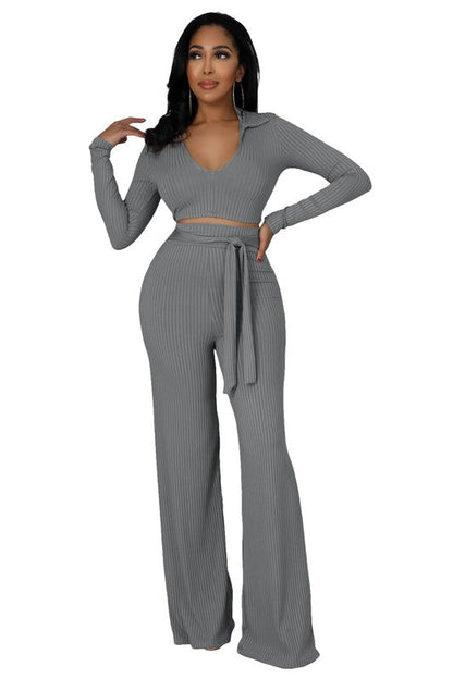 SEXY TWO PIECE PANTS SET GREY L by By Claude | Fleurcouture