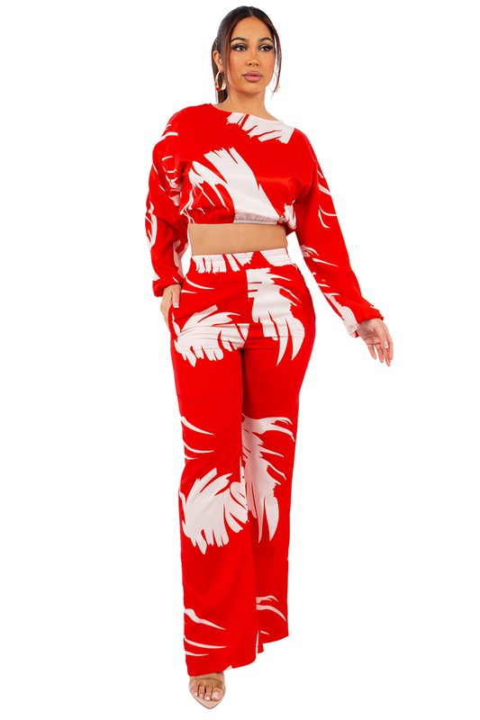 SEXY TWO PIECE SET TOP AND PANT RED MULTI by By Claude | Fleurcouture