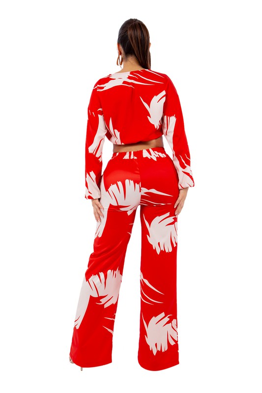 SEXY TWO PIECE SET TOP AND PANT RED MULTI by By Claude | Fleurcouture