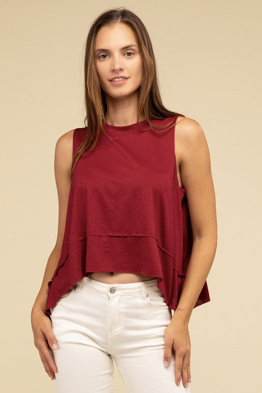 Shark Bite Side Slit Short Sleeveless Top by ZENANA | Fleurcouture