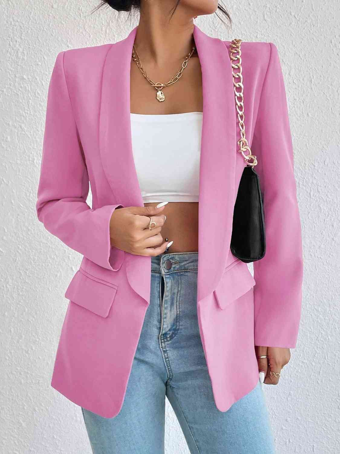 Shawl Collar Long Sleeve Blazer Blush Pink S by Trendsi | Fleurcouture