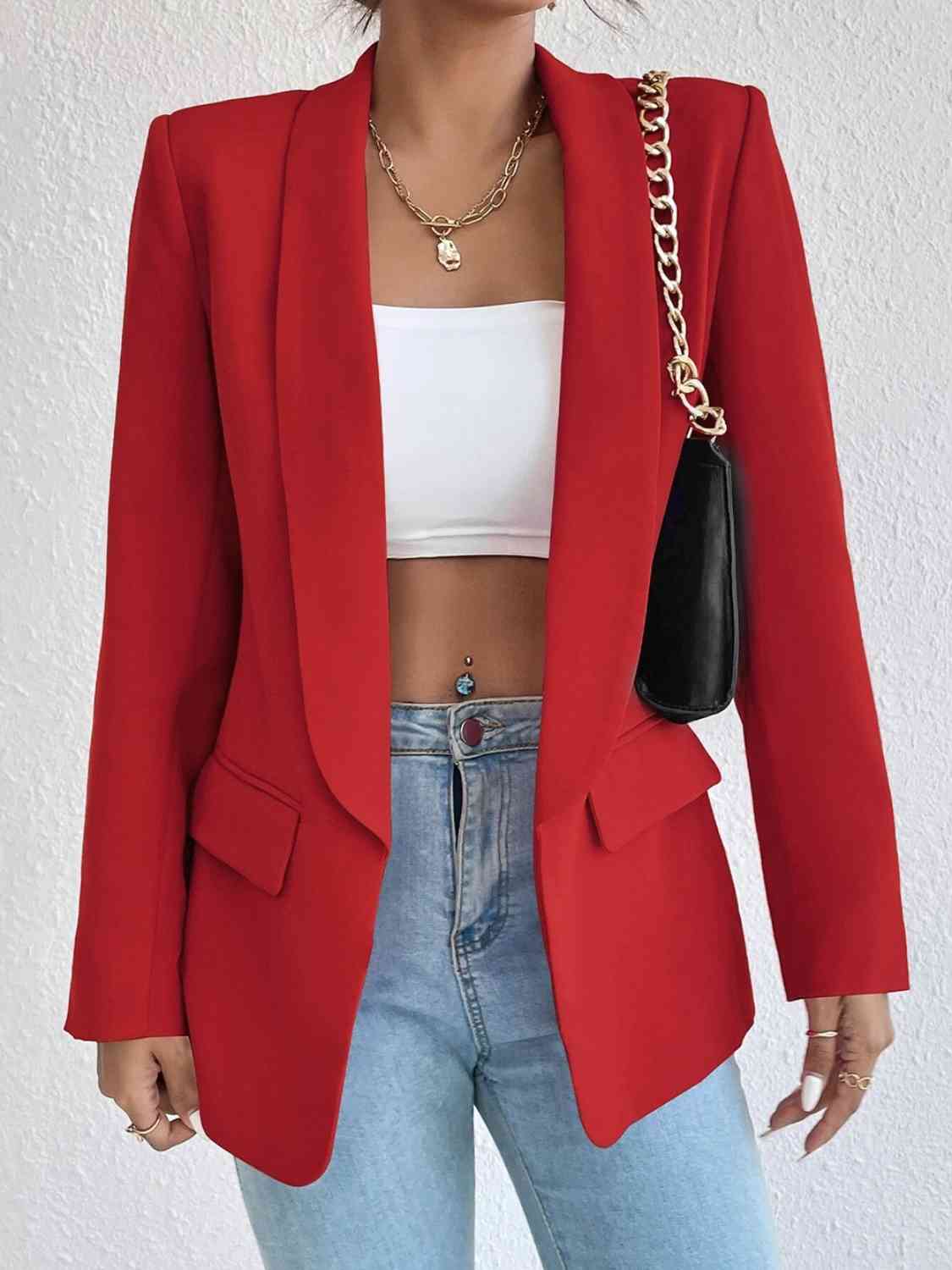 Shawl Collar Long Sleeve Blazer Deep Red S by Trendsi | Fleurcouture