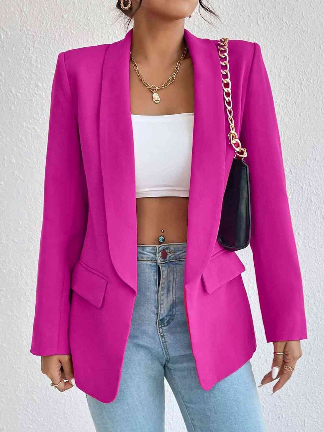 Shawl Collar Long Sleeve Blazer Hot Pink S by Trendsi | Fleurcouture