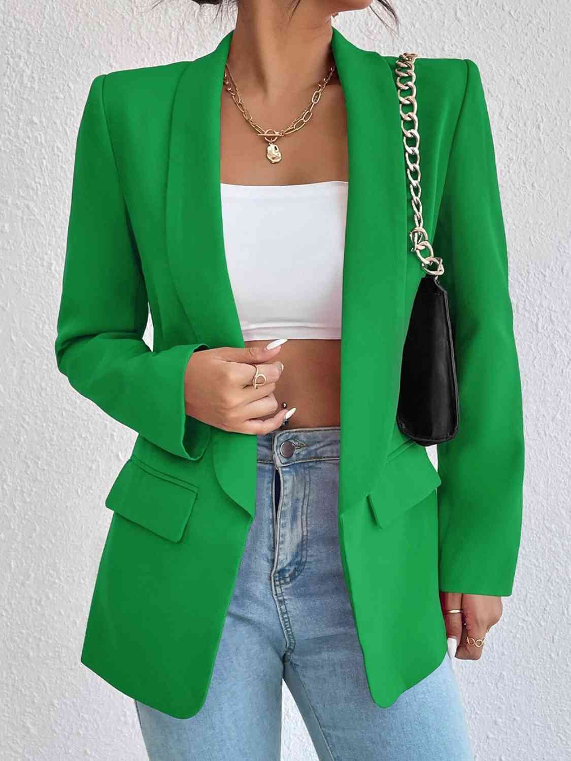 Shawl Collar Long Sleeve Blazer Mid Green S by Trendsi | Fleurcouture