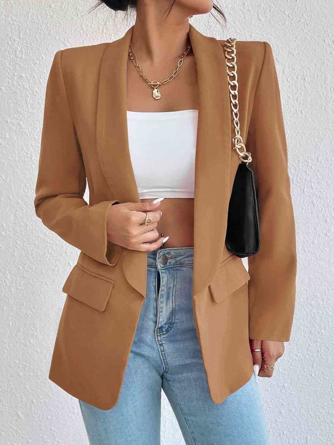 Shawl Collar Long Sleeve Blazer Tan S by Trendsi | Fleurcouture