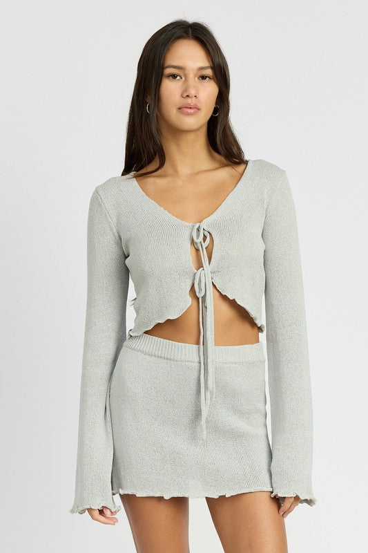 SHEER LONG SLEEVE CARDIGAN WITH FRONT TIE SILVER S by Emory Park | Fleurcouture