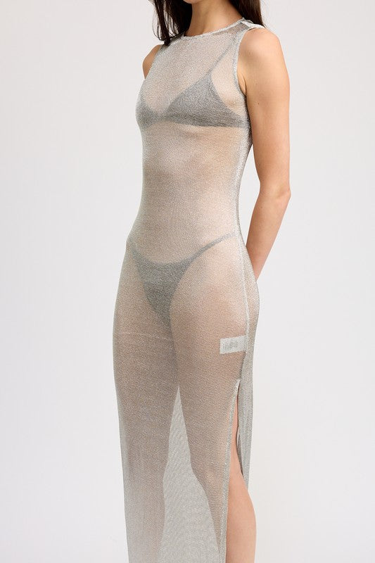 SHEER MAXI DRESS WITH SIDE SLIT SILVER by Emory Park | Fleurcouture