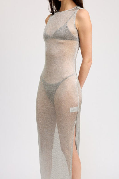 SHEER MAXI DRESS WITH SIDE SLIT SILVER by Emory Park | Fleurcouture