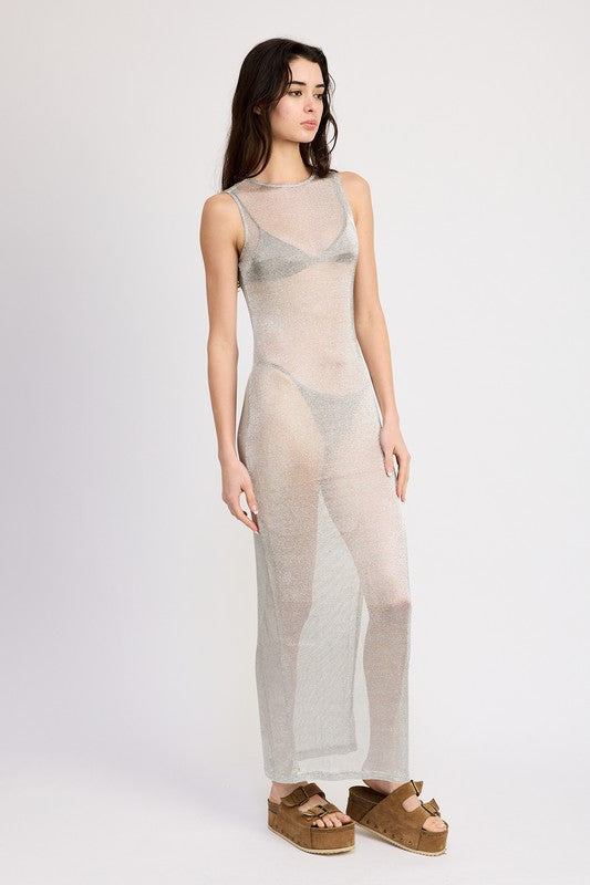 SHEER MAXI DRESS WITH SIDE SLIT SILVER by Emory Park | Fleurcouture
