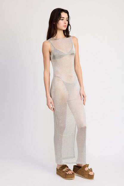 SHEER MAXI DRESS WITH SIDE SLIT SILVER by Emory Park | Fleurcouture