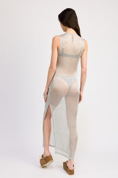 SHEER MAXI DRESS WITH SIDE SLIT SILVER by Emory Park | Fleurcouture