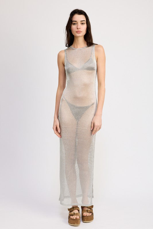 SHEER MAXI DRESS WITH SIDE SLIT SILVER S by Emory Park | Fleurcouture