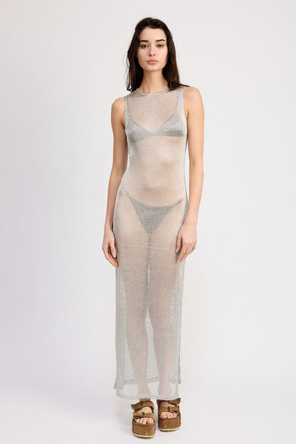 SHEER MAXI DRESS WITH SIDE SLIT SILVER S by Emory Park | Fleurcouture