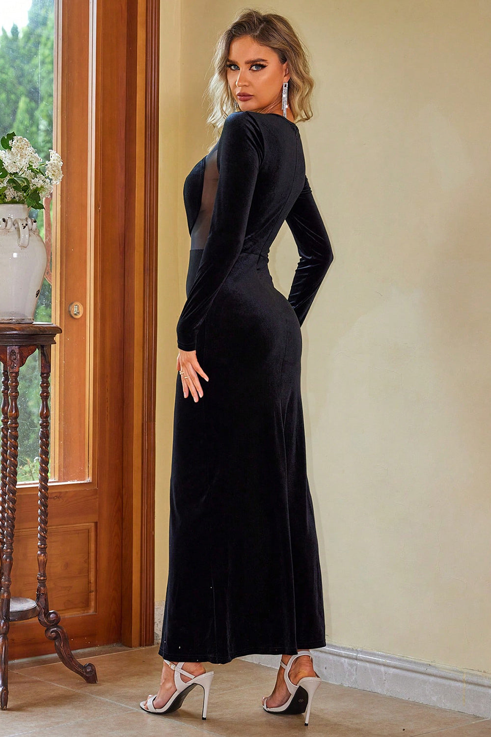 Sheer Mesh Long Sleeve Slit Dress Black Women&