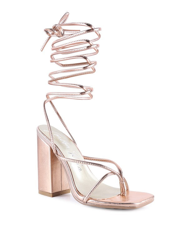 SHEWOLF LACE UP HIGH HEEL SANDALS Rose Gold 5 by Rag Company | Fleurcouture