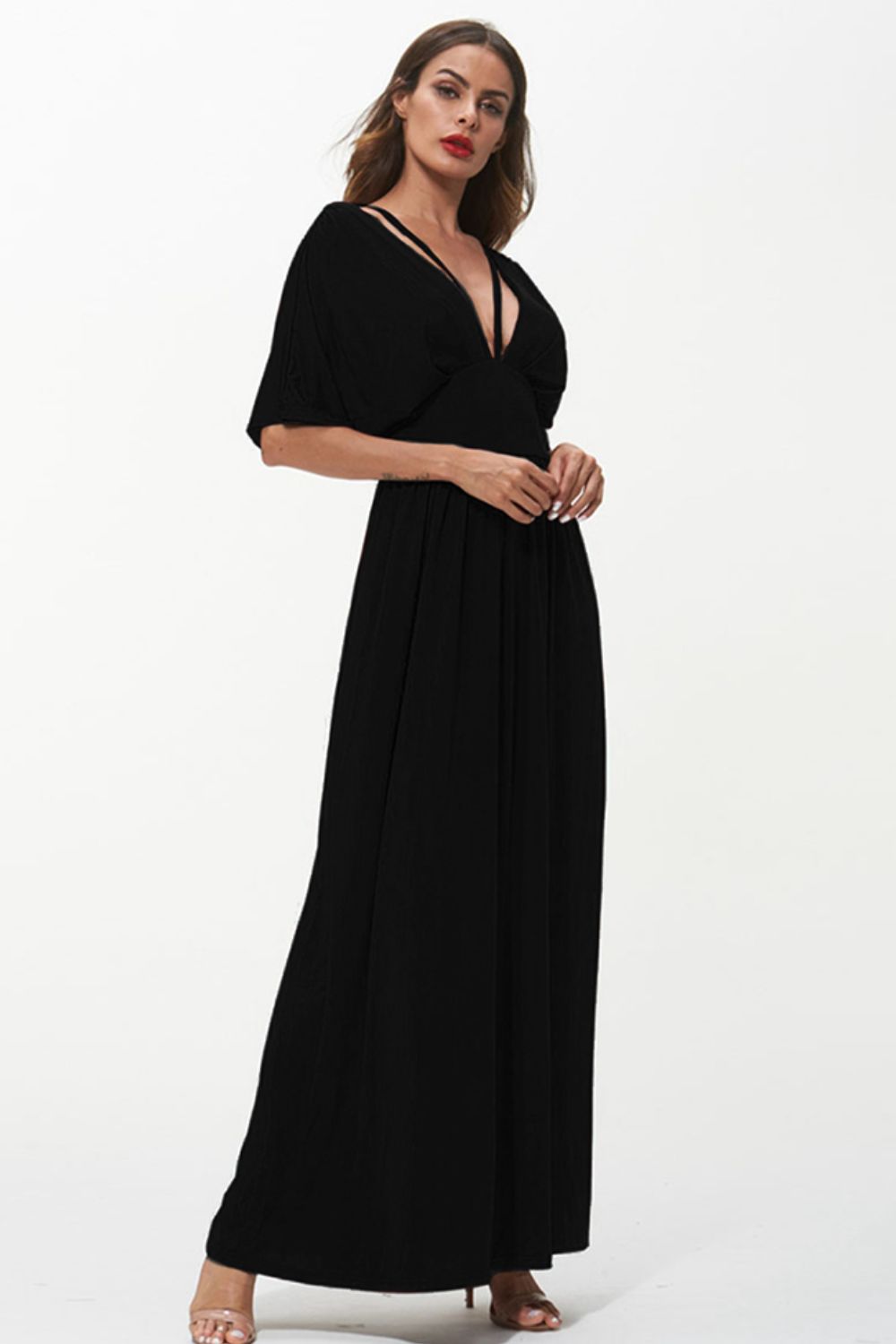 Shiny Strappy Neck Maxi Dress Black S by Trendsi | Fleurcouture