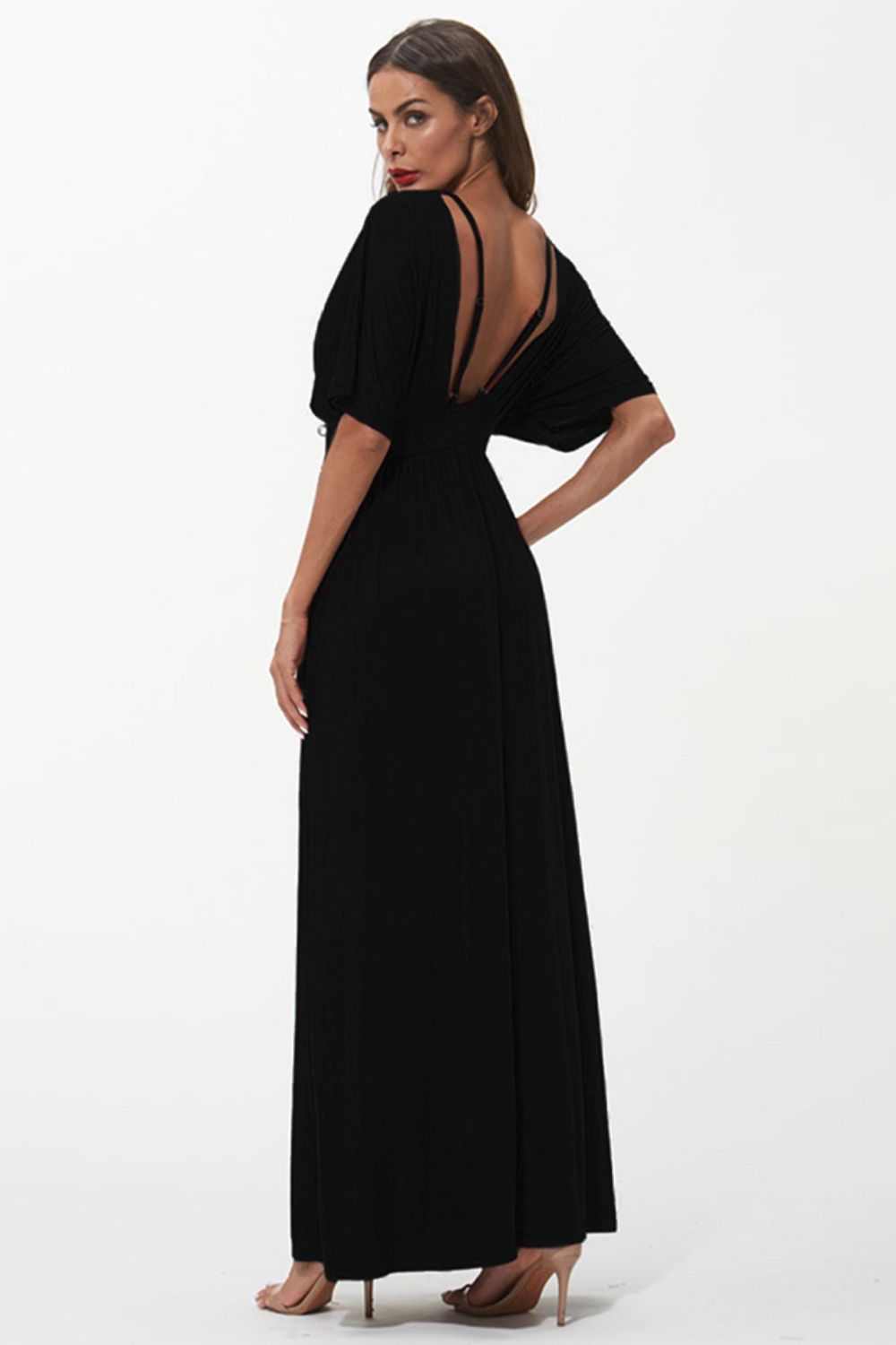 Shiny Strappy Neck Maxi Dress Black by Trendsi | Fleurcouture